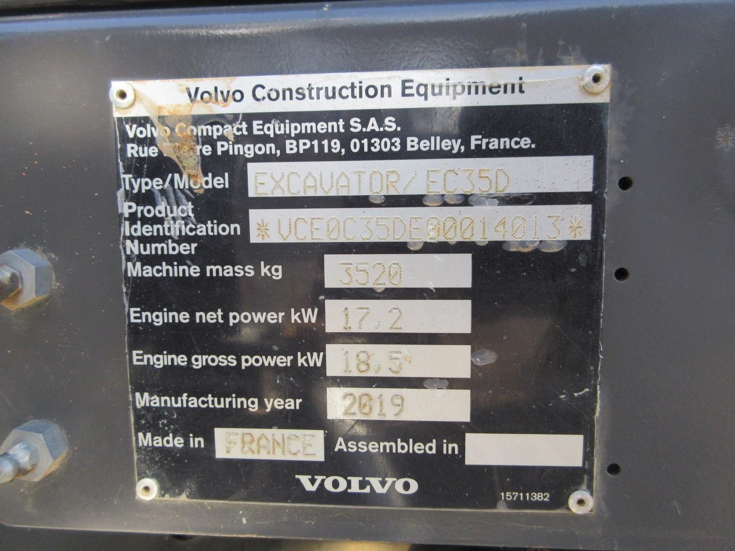 2019 Volvo EC35D Mini Excavator