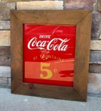 Contemporary Framed Reverse Painted Glass Sign "DRINK COCA COLA 5c FOUNTAIN"