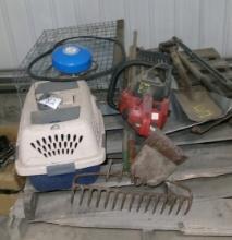 4 SHOVELS, 2-RAKES,2 HOES, 2 PET CARRIERS, STOCK TANK HEATER, CHAIN SAW (needs recoil )