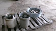 2-PAILS OF RACHET FENCE TENSIONERS & ROLL OF SMOOTH WIRE ON REEL