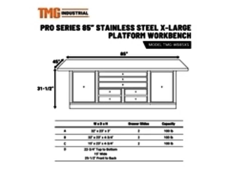 New TMG-WB85XS Workbench Platform Stainless Steel 85""
