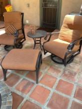 Mallin patio rocking swivel chairs with ottoman, 20"T x 24"W table, 10" metal candle holder with