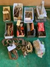 Lot assorted tools box wrenches, C clamps, screw drivers, rasps, chisels, etc