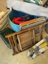 Large lot assorted camping items. Sunbeam portable camp grill, foldable chairs, RV hose, small