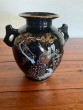 7" Black lacquer vase with gold color peacock