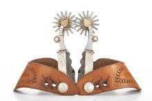 Pair of Lytle & Mower double mounted, hand engraved Spurs with Mother of Pearl inlay, 2" multi-point