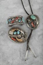 Matching three piece Sterling, Coral, & Turquoise Jewelry Set.  Bear Claw Buckle is marked "FN". Lea
