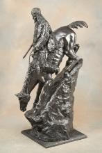 Large Bronze of "The Mountain Man", 4 ft. T x 24" D x 17" W. Mounted on marble base, dark bronze pat