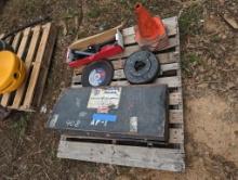 PALLET W/CONES, BRUSHES, CHOP SAW BLADES, TOOLS