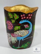 Black and Gold Vase with Handpainted Peacock Design - Painted by Ludmila Petrova, Chernobyl Doctor