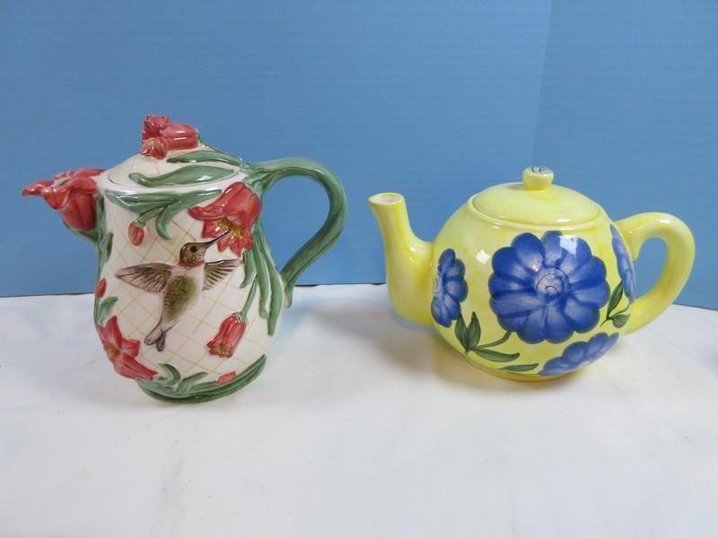 4 Ceramic Teapots Hallmark Margolin Bastin Figural Bird & Berries Finial, relief Hummingbird &