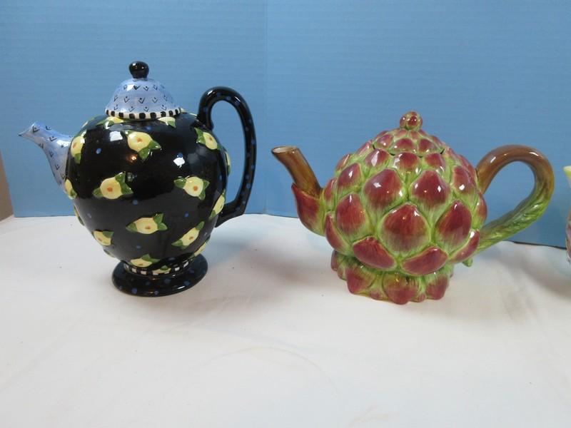 4 Ceramic Teapots Bella Casa by Ganz Lemons Design, Department 56 Harvest Artichoke, Spring