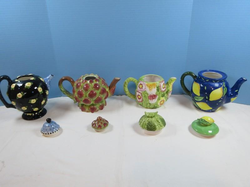 4 Ceramic Teapots Bella Casa by Ganz Lemons Design, Department 56 Harvest Artichoke, Spring
