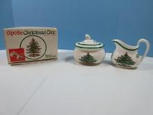 3pc Spode China Christmas Tree-Green Trim Creamer & Sugar Bowl w/Lid- NIB
