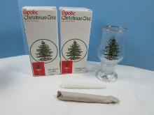 Pair Spode Glassware Christmas Tree 8" Glass Hurricane w/Base & Candle-NIB MSRP $50.00