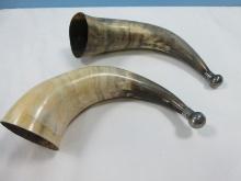 Pair Cattle Horns w/Attached Silver Tone Tips Possibly Powder Horns- Approx 8"-9"L
