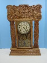 Beautiful Early Ingraham Gingerbread/Rooster Head Kitchen/Mantel Key Wind Oak Case Clock
