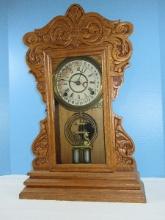 Antique New Haven Clock Co & Cunard Line Oak Case Gingerbread/Rooster head Kitchen/Mantel