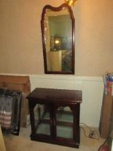 2pc Cherry Lighted Curio Cabinet Mirror Back & Glass Shelf w/Framed Wall D‚cor Curved