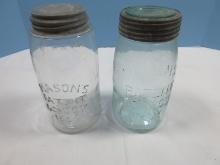 2 Mason's Patent Nov. 30th 1858 Canning Jars Clear w/ Zinc Lid Base Marked S26 and Blue Glass