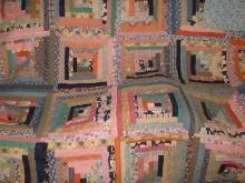 Vintage Colorful Log Cabin Patchwork Pattern Quilt w/ Basting Approx. 76" x 62" Few Spots