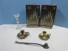 Lot 12 Himark Giftware Brass Candlesticks Various Sizes, 2 Chamber Candlesticks & Candle Snuff