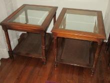 Pair Transitional Modern Fruitwood 2 Tier End Tables Beveled Glass Insert Top Woven Design