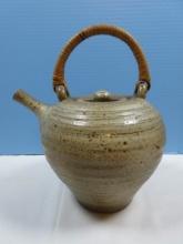 Impressive Studio Art Pottery Large Kettle/Teapot Vessel w/ Reed Handle Speckle Glaze