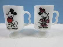 Pair Milk Glass Footed Mugs Walt Disney Mickey and Minnie Mouse Characters
