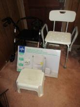 Geriatrics Lot Sit/Stand Rolling Walker, Shower Chair, Foldable Toilet Safety Rail (NIB)