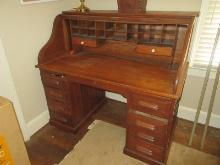 Early Oak Roll Top Desk Fitted Interior Compartments, Wood Waste Basket & Swing Arm Desk