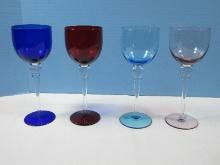 Set of 4 Exquisite Hand Blown Wine Stems Cobalt, Amber, Ruby, and Ice Blue Bowls and Bases