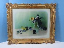 Early Colorful Panies Lithograph In Gesso Gilt Heavily Embellished Frame and Wavy Glass