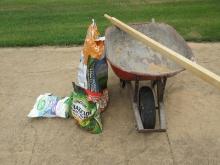 Lot Metal Wheelbarrow Pneumatic Tire Wood Handles, & Partial Bags Insect Killer, Grass Seed