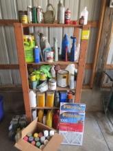 Lot Wooden Utility Shelf w/Misc Spray Paint Cans, Antifreeze, Coolant, E-Z House Wash, Mold