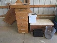 Lot Oak Desk File Storage Box, Mesh Wast Basket, Simulated Wood Grain Trunk w/Padded Seat