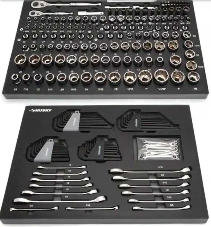 Husky Mechanics Tool Set in EVA Trays (290-Piece), Includes 174-sockets, 24-wrenches, 40-hex keys,