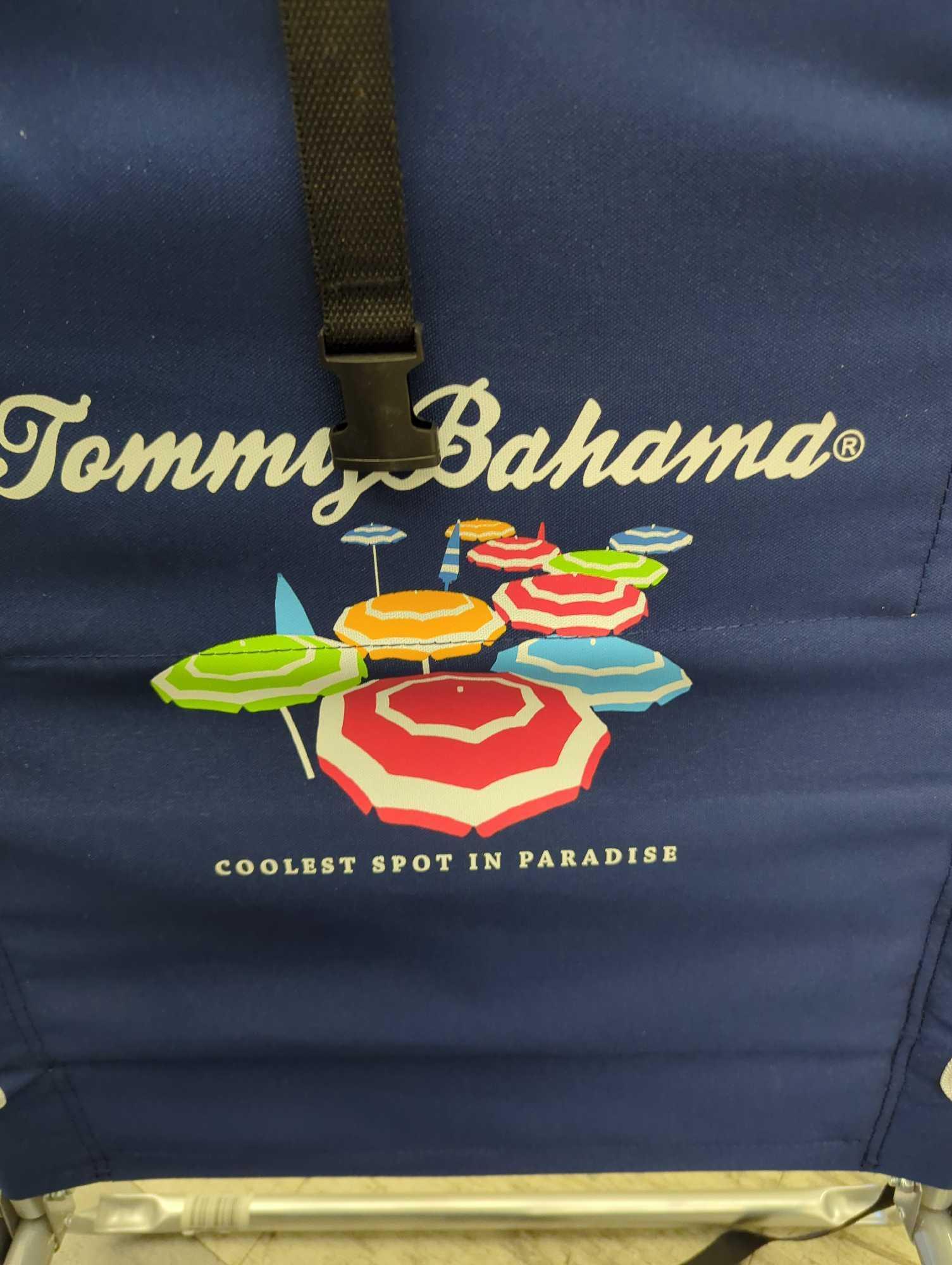 Tommy Bahama Navy Blue Aluminum and Fabric 5-Position Lay Flat Backpack Beach Chair, Appears to be