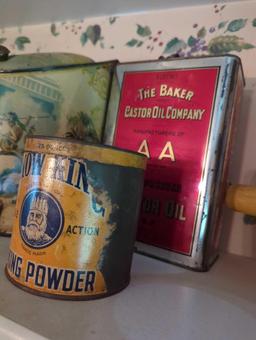 (DR) LOT OF 9 TIN CONTAINERS INCLUDING CHARLES CHIPS POTATO CHIPS TIN, SMITHS WHITE FRUIT CAKE TIN,