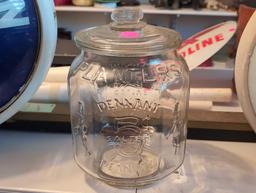 (BR2) VINTAGE CLEAR GLASS PLANTERS PEANUTS PENNANT 5 CENT PEANUTS JAR WITH LID. MEASURES 7-1/2" X