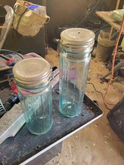 Vintage Green Glass Top Storage Jars $1 STS