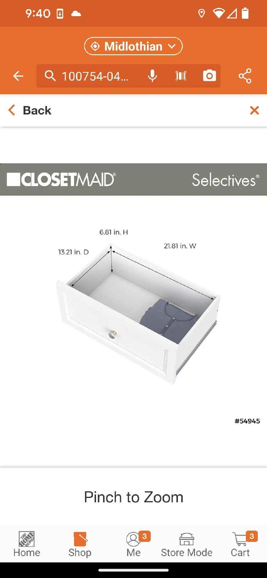 ClosetMaid Selectives 10 in. H x 23.5 in. W White Wood Drawer with Silver Handle, Appears to be New