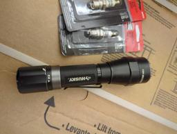 Box Lot of Assorted Items Including Husky 1200 Lumens Dual Power LED Rechargeable Focusing