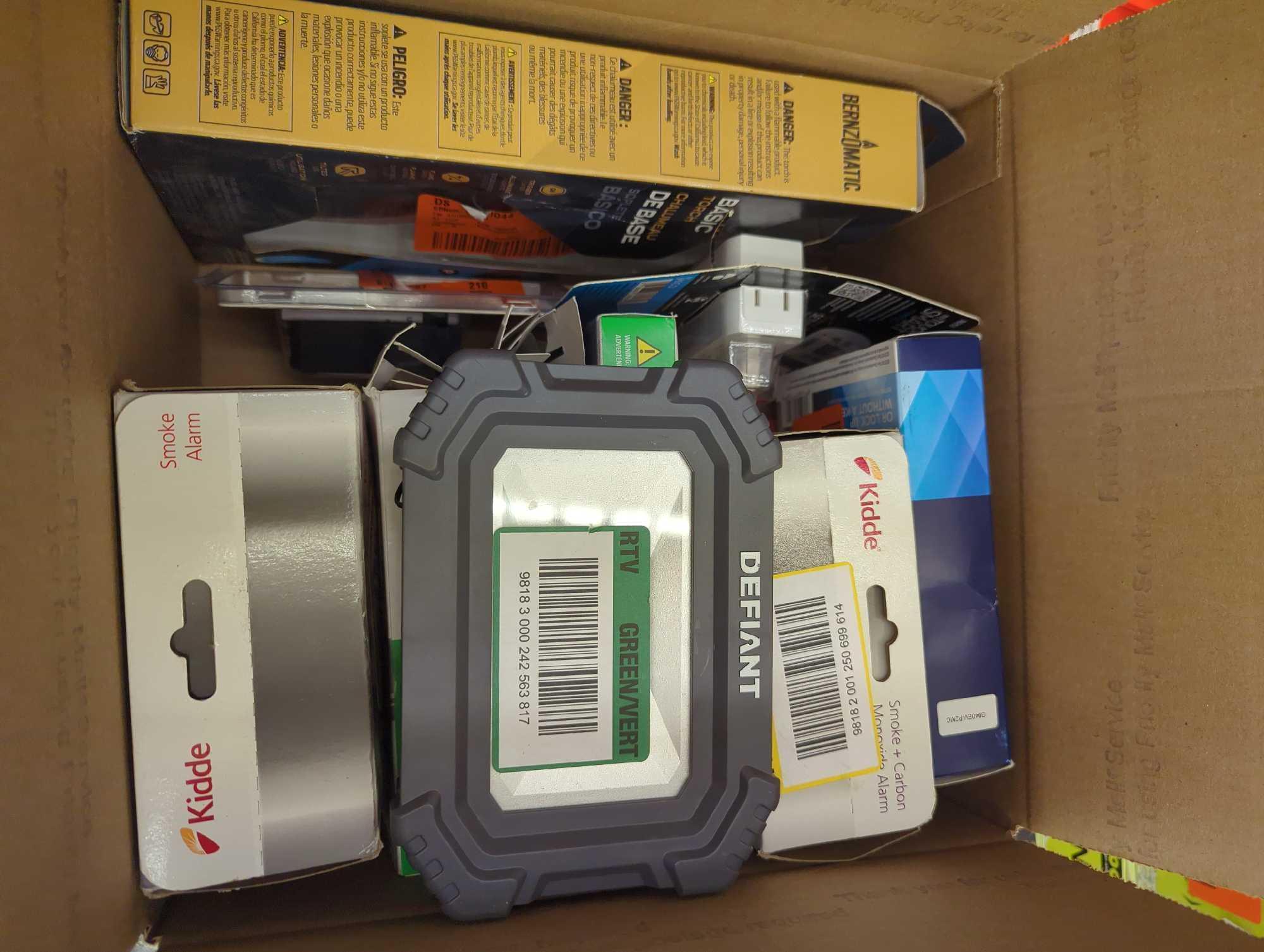 Box Lot of Assorted Items to Include, Defiant Stand Up Hand held Work Light Rechargeable,