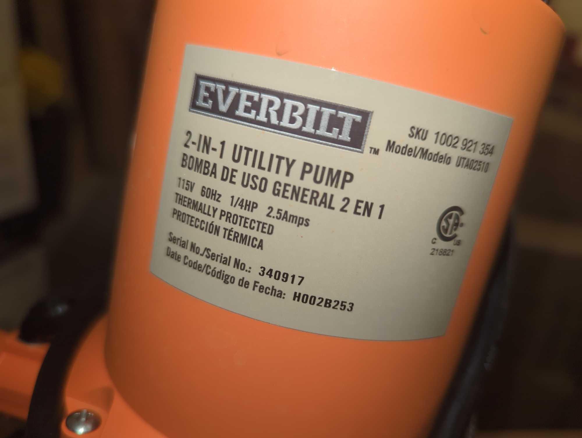 Everbilt 1/4 HP 2-in-1 Submersible Utility and Transfer Pump, Retail Price $145, Appears to be Used,