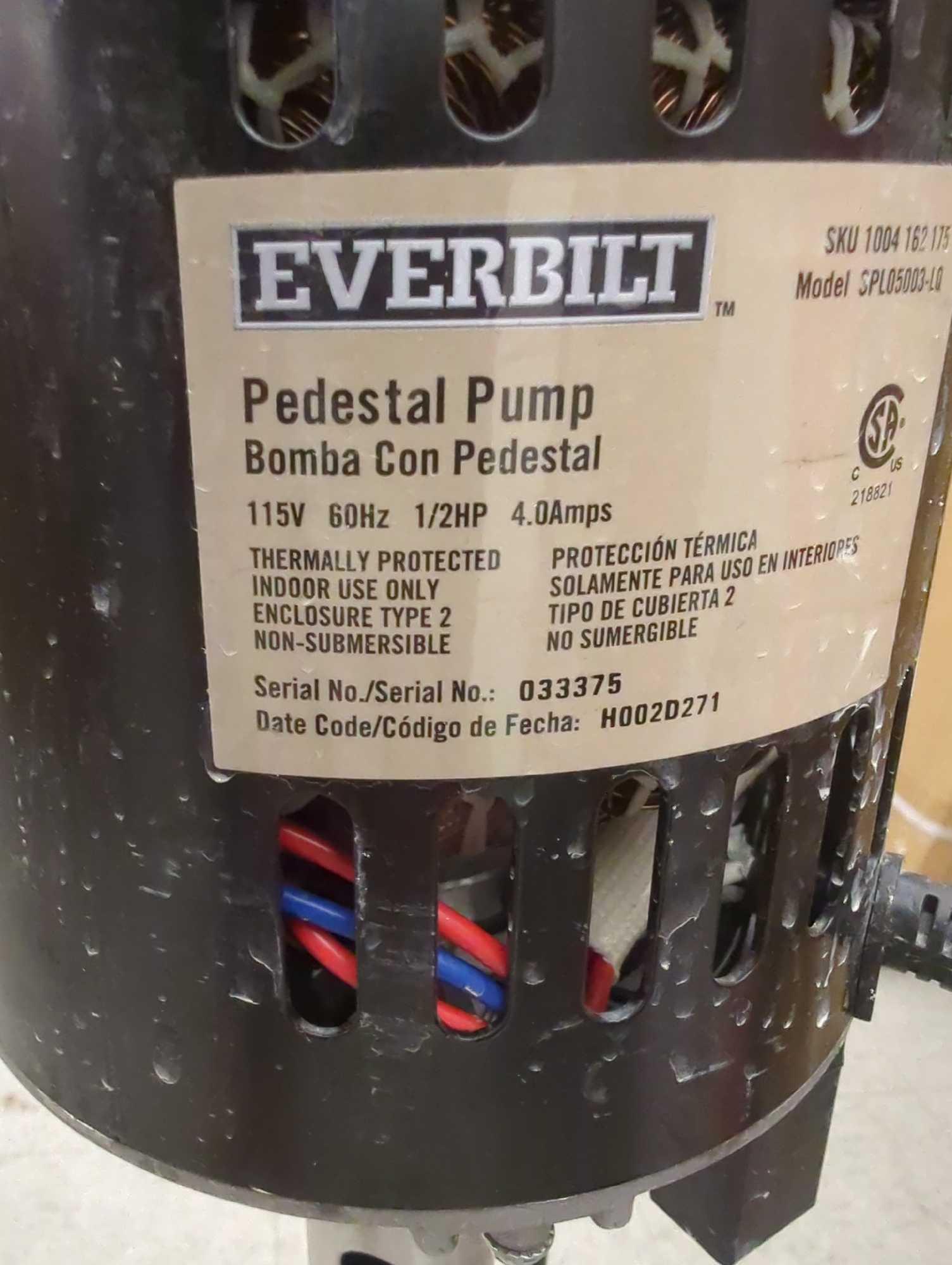 Everbilt 1/2 HP Stainless Steel and Cast Iron Pedestal Sump Pump, Appears to be Used in Open Box