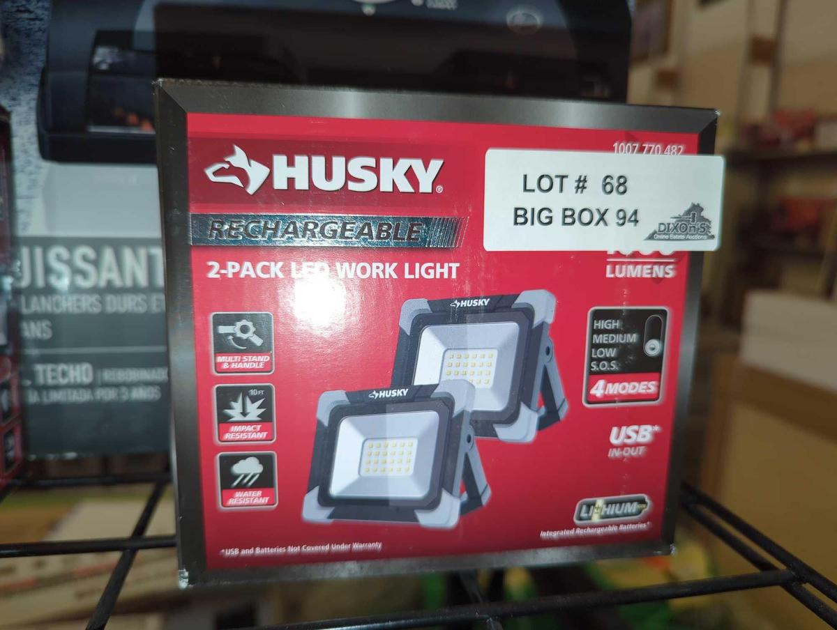 Husky 1000 Lumen Rechargeable Work Light (2-Pack), Model K40409, Retail Price $32, Appears to be