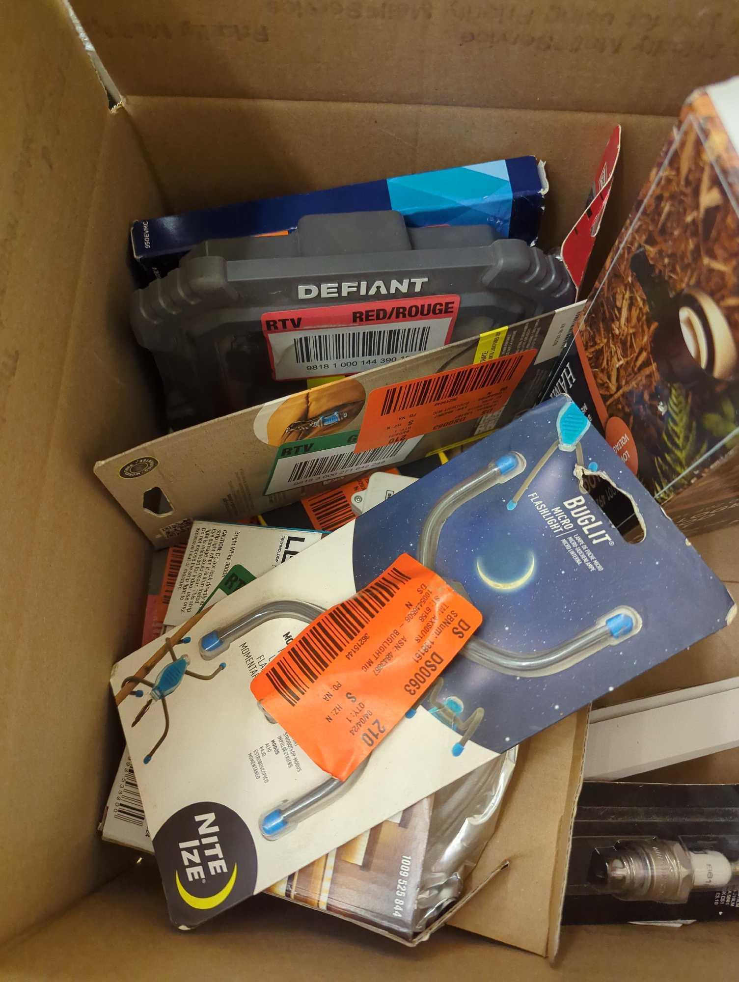 Box Lot of Assorted Items to Include, Universal By Chamberlain 2 Button Garage Door Remote,
