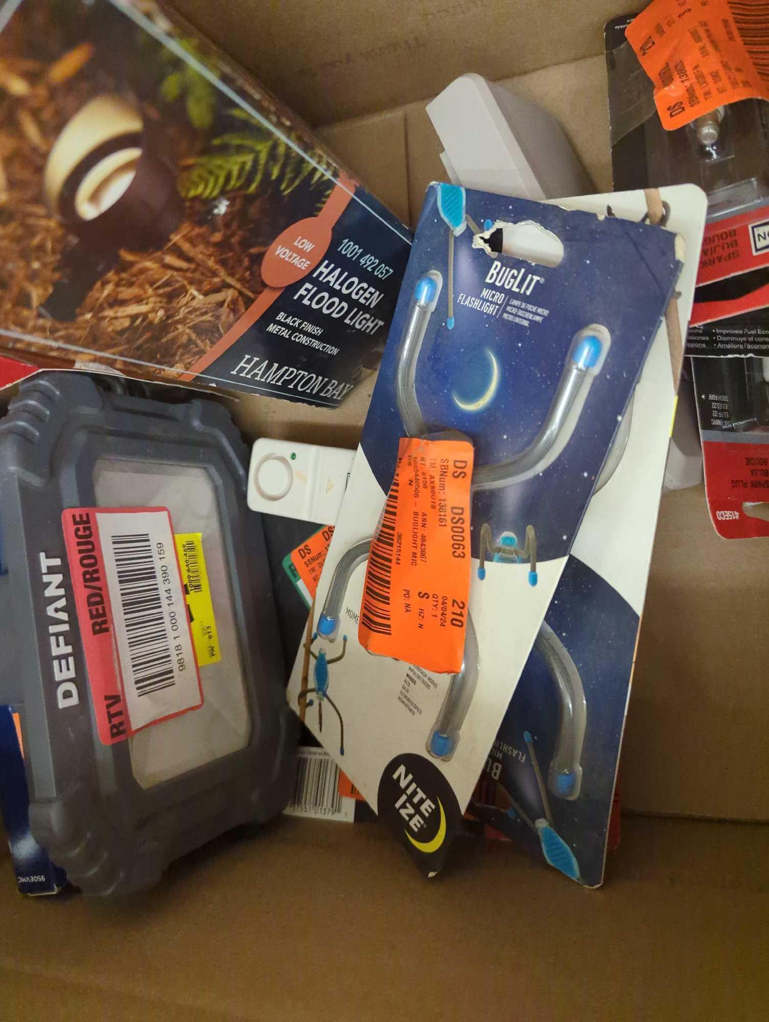 Box Lot of Assorted Items to Include, Universal By Chamberlain 2 Button Garage Door Remote,