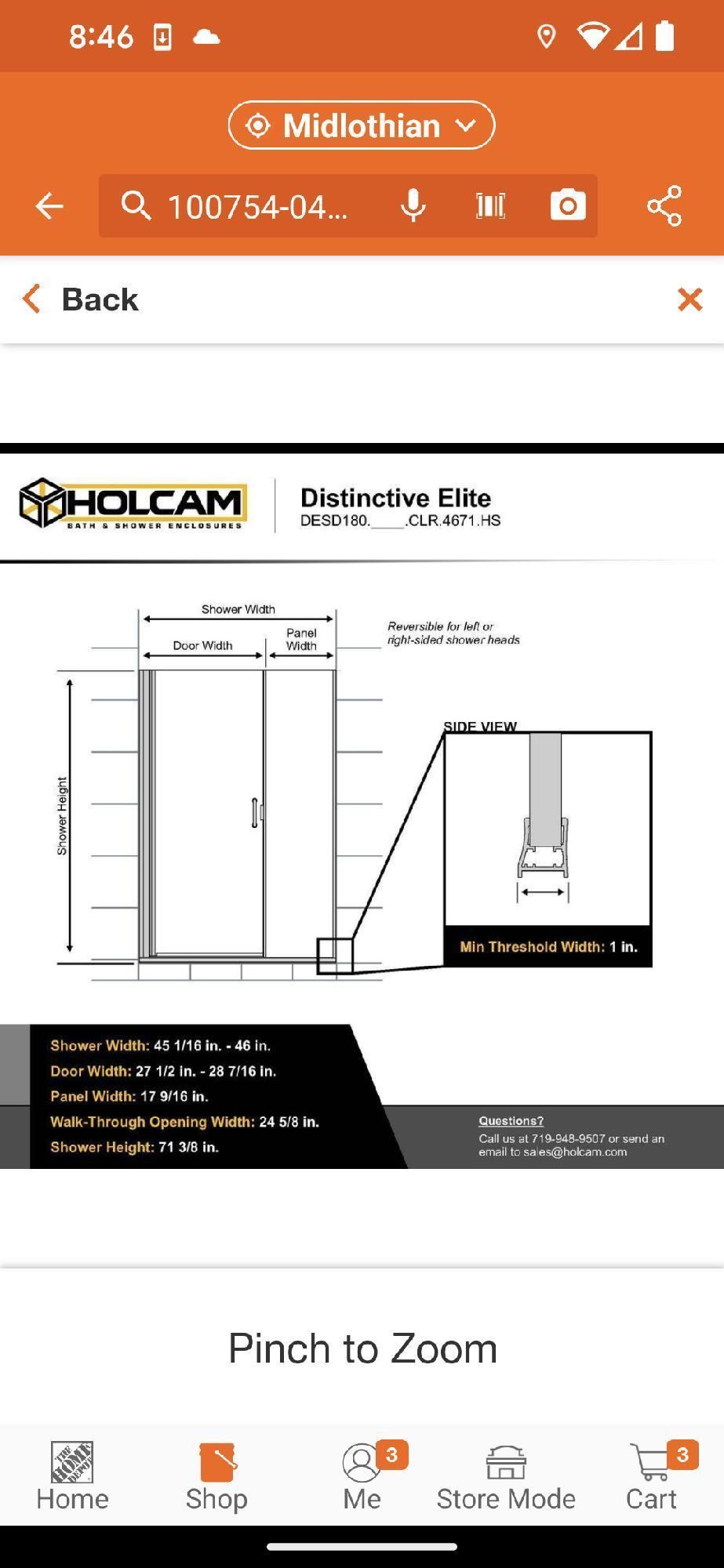 Holcam Distinctive Elite 46 in. W x 71.375 in. H Semi-Frameless Hinged Shower Door and Inline Panel